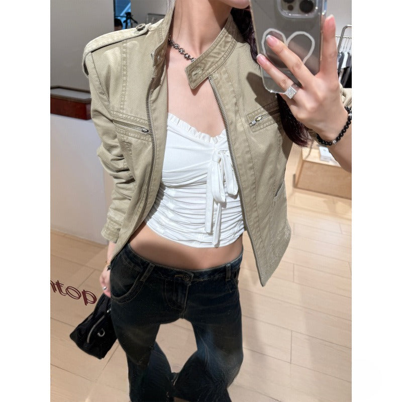 Stand Collar Distressed American Retro Short Denim Jacket