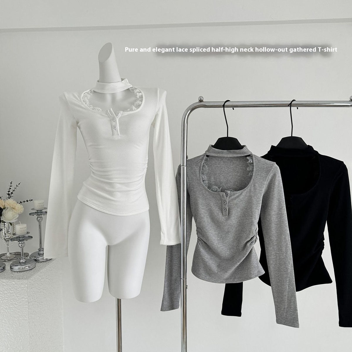 Blusa interior plisada y ajustada con costuras de encaje para mujer