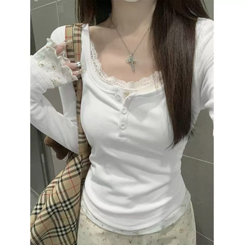 Top de dos piezas con costuras de encaje floral, manga larga, corte entallado y aspecto entallado