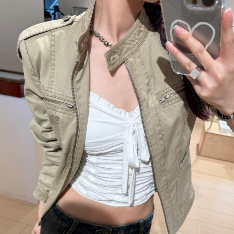 Stand Collar Distressed American Retro Short Denim Jacket