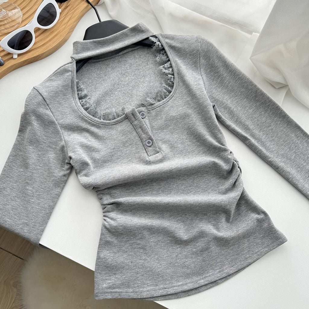 Lace Stitching Women's New Tight Pleated Inner Wear Blouse