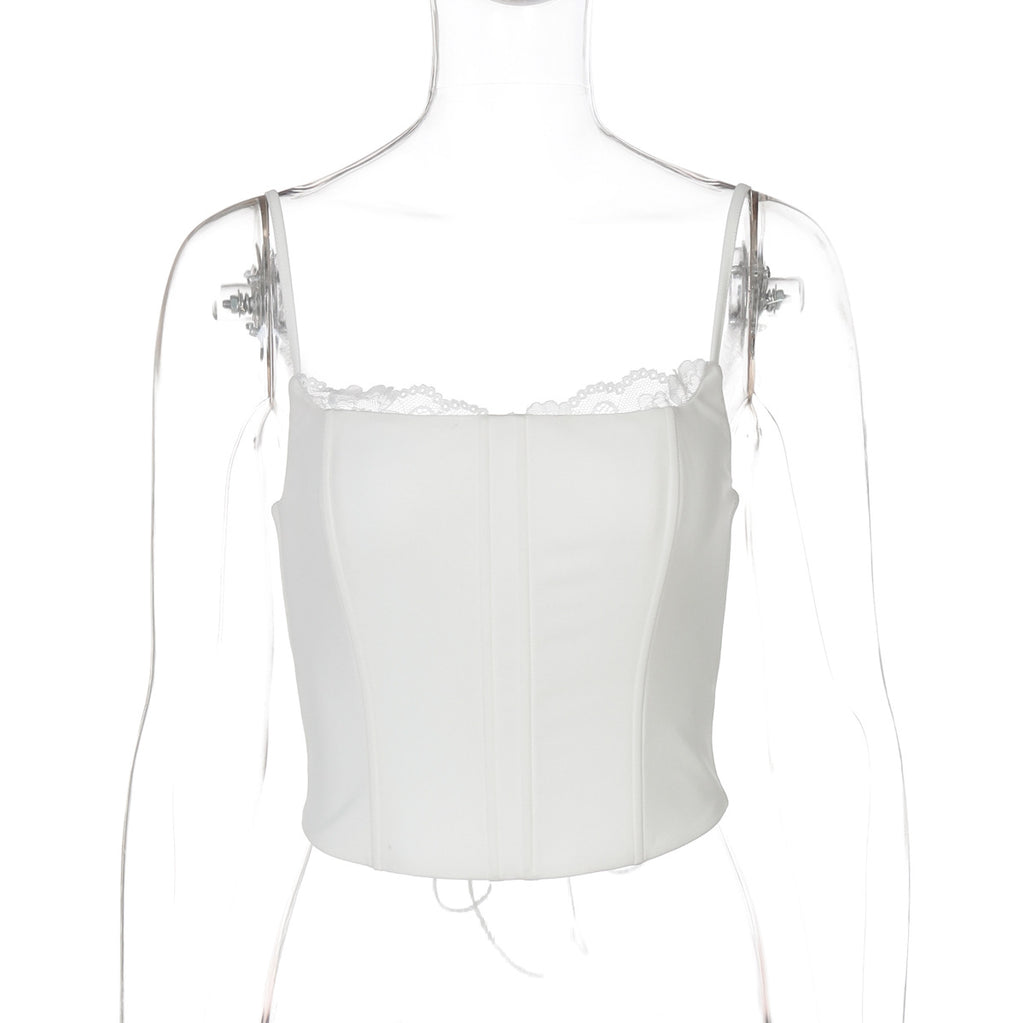 Sexy Lace Splicing Corset Waist Tie-back Crop Top
