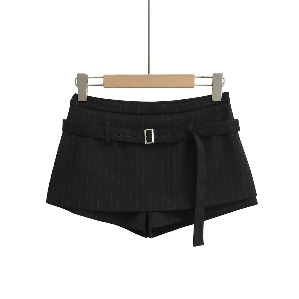 Low Waist Fake Two Piece Striped Pants Half length Skirt