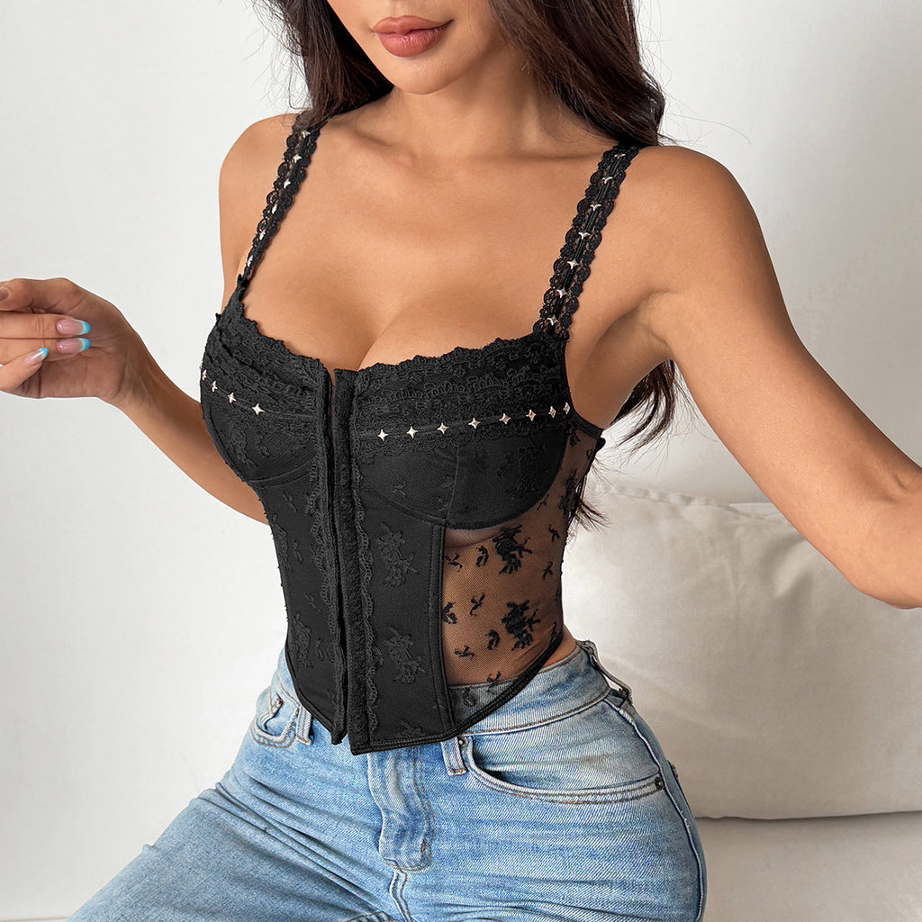 Sexy Strapless Lace Splicing Sheer Crop Top