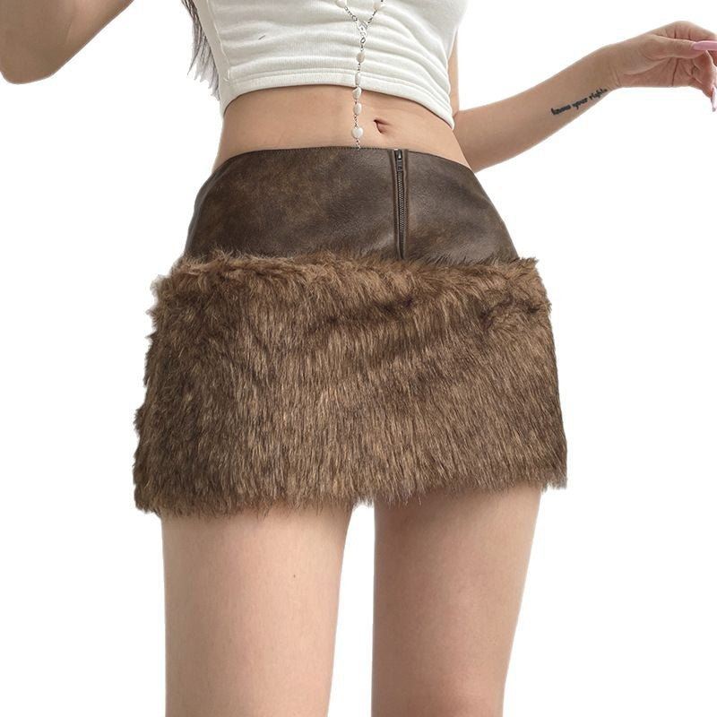 Vintage Brown Low-Waist Navel-Exposed Zipper Fuzzy Short Skirt