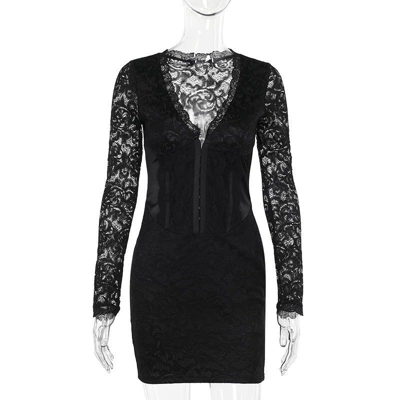 Elegant Lace Long Sleeve Mini Dress - Y2K Style