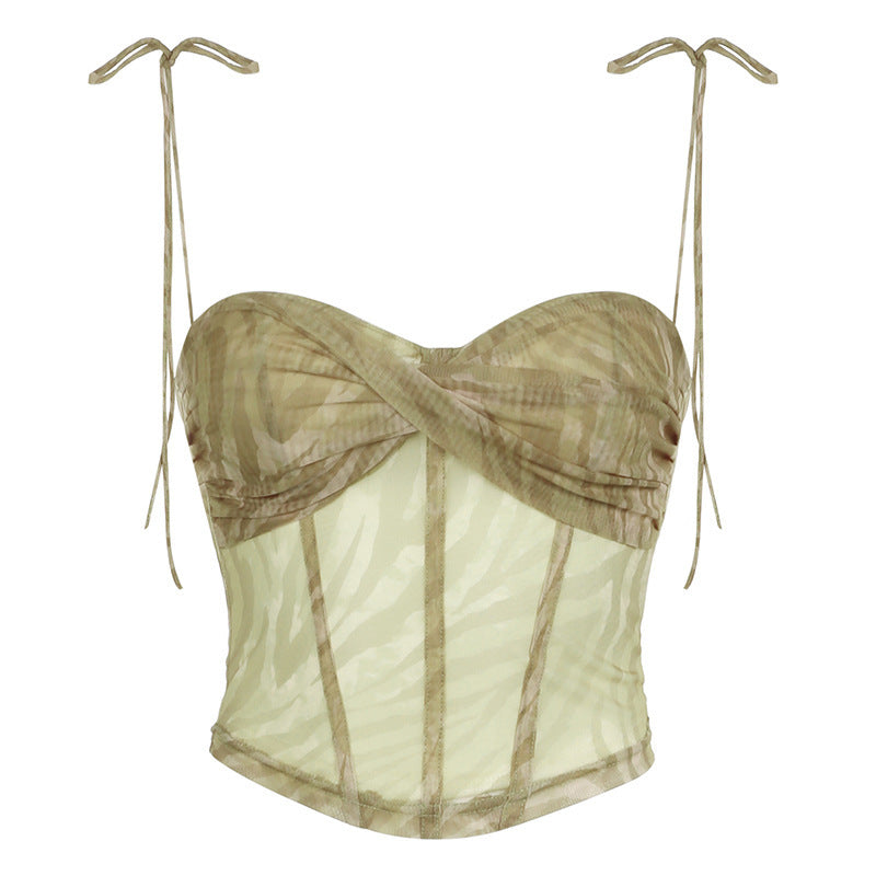 Camisola de malla de doble capa con estampado corrugado de estilo sexy, cuello bajo, top de tubo con cintura irregular