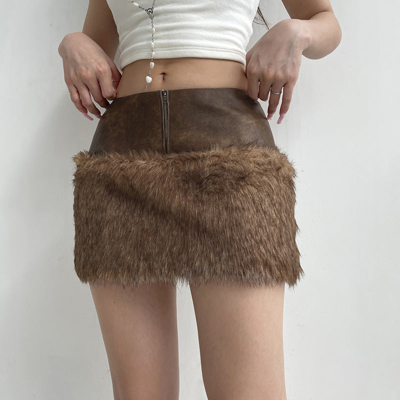 Vintage Brown Low-Waist Navel-Exposed Zipper Fuzzy Short Skirt