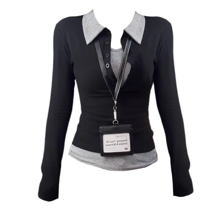 Conjunto de dos piezas ajustado de manga larga para mujer con contraste de colores