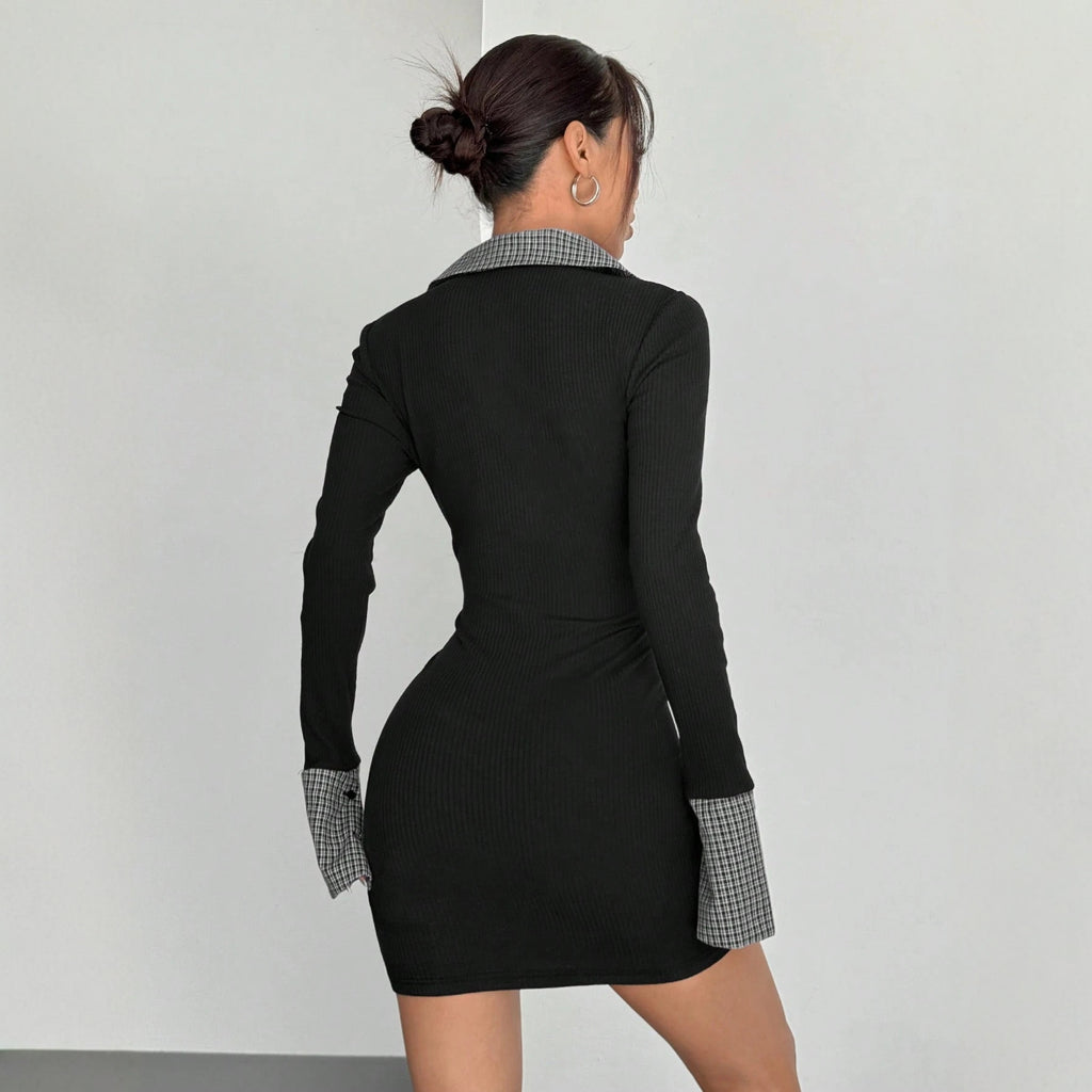 Y2k Plaid Patchwork Mini Dress - Black & White