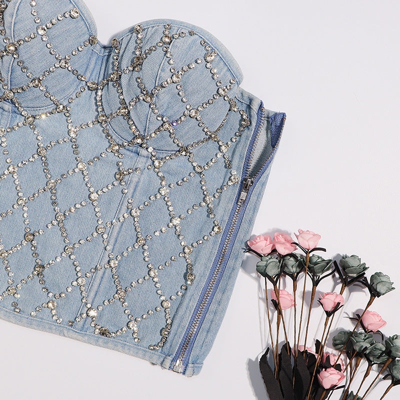 Sexy Denim Strapless Crop Top Belted Shaping Fitted Performance