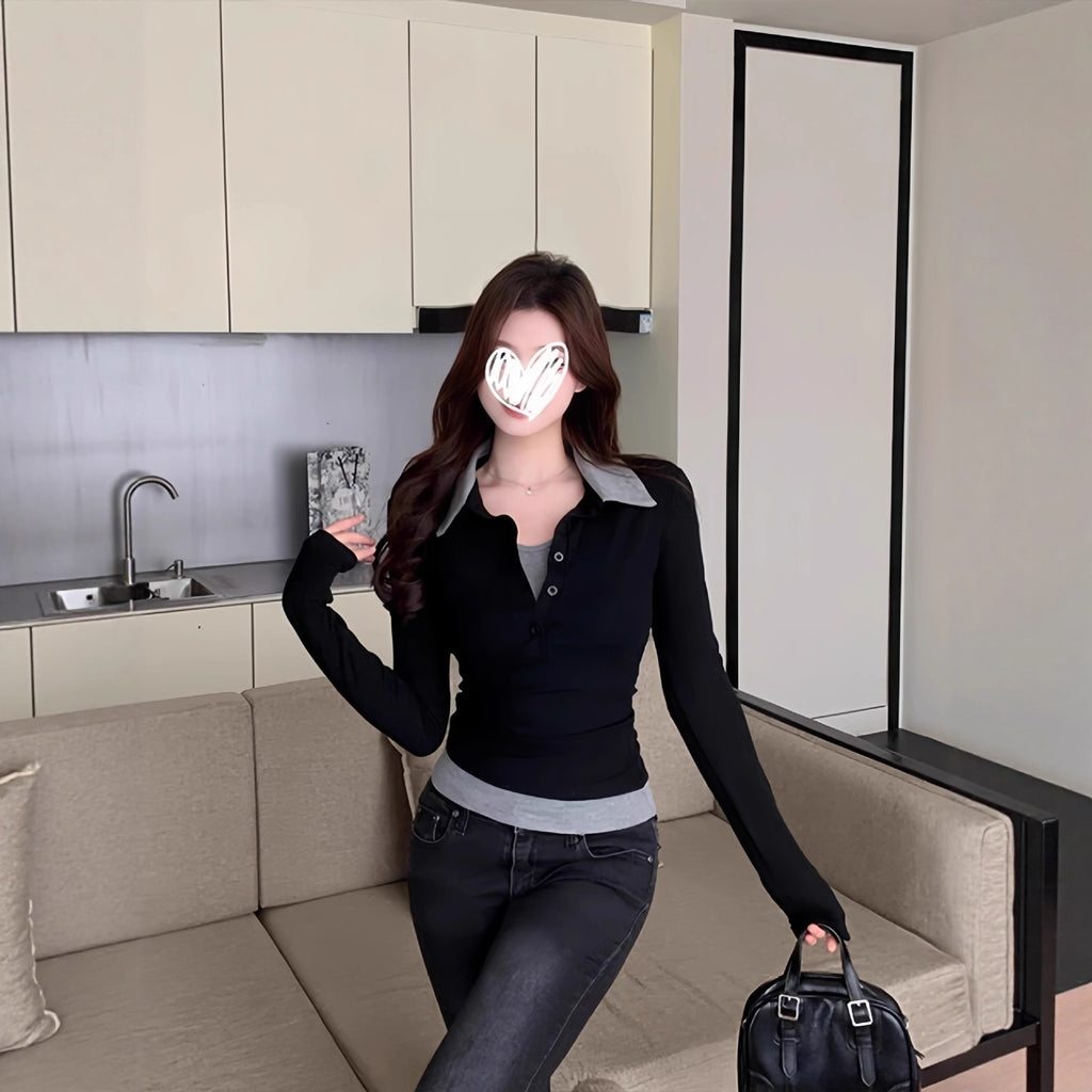 Conjunto de dos piezas ajustado de manga larga para mujer con contraste de colores