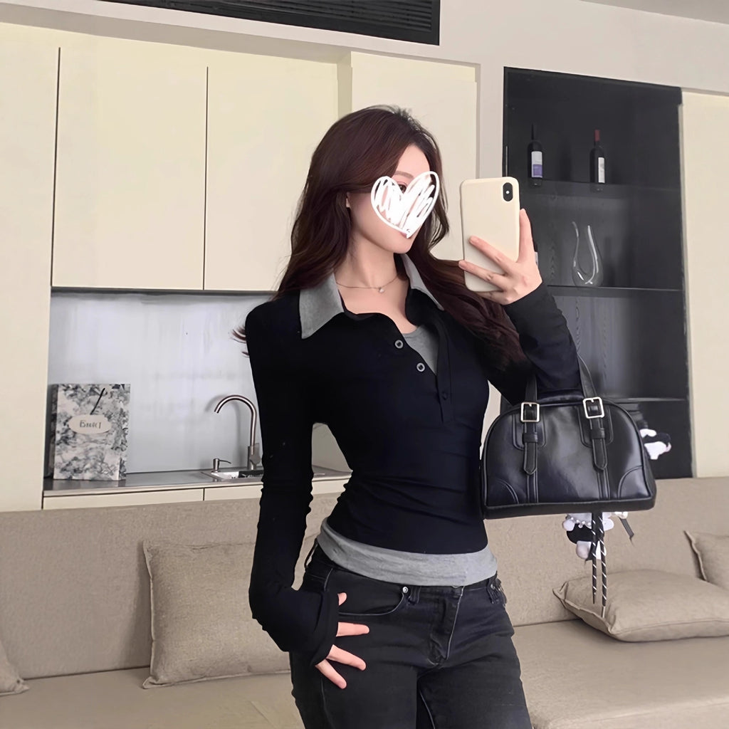 Conjunto de dos piezas ajustado de manga larga para mujer con contraste de colores