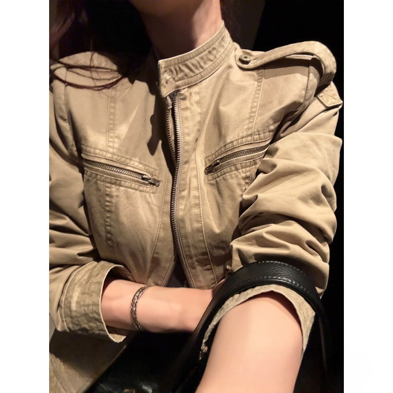 Stand Collar Distressed American Retro Short Denim Jacket