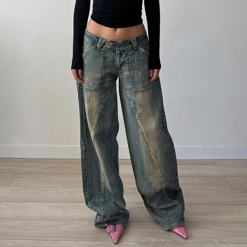 Basic Washed Split Low Waist Loose Jeans