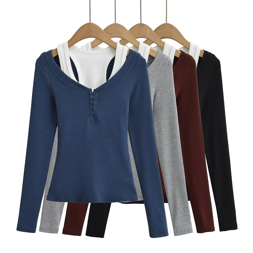 Tank top+V-neck button top two-piece set