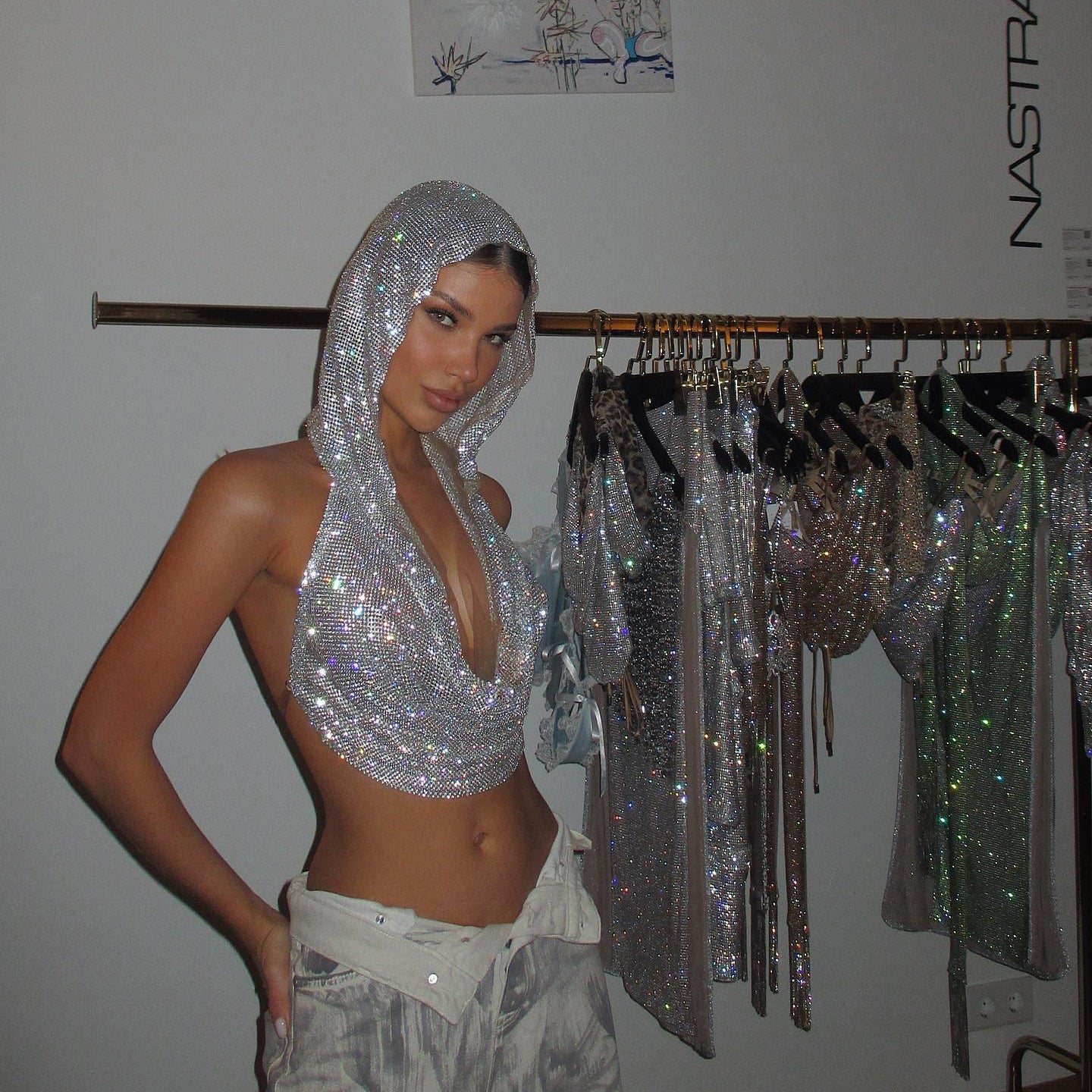 Chaleco sexy con capucha y lentejuelas metálicas para exteriores