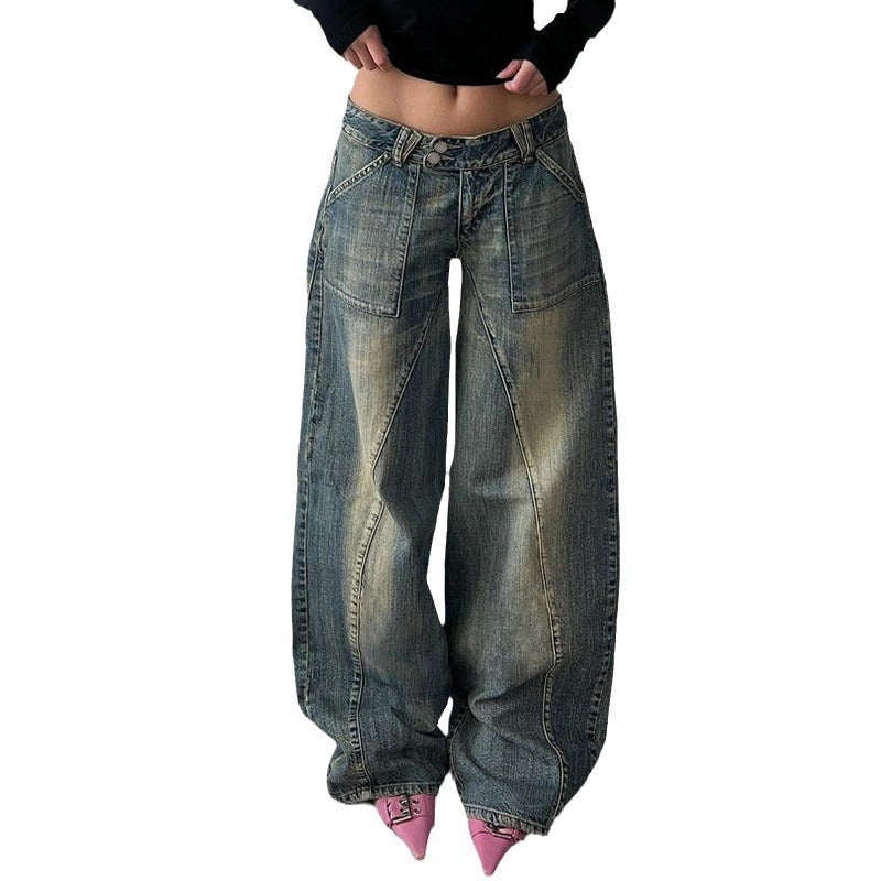 Basic Washed Split Low Waist Loose Jeans