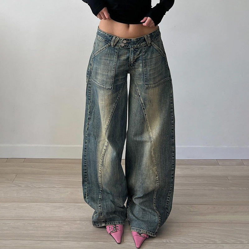 Basic Washed Split Low Waist Loose Jeans