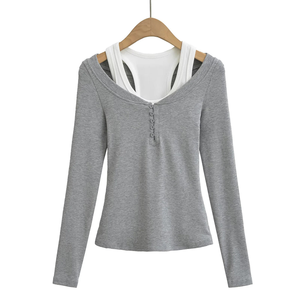 Tank top+V-neck button top two-piece set