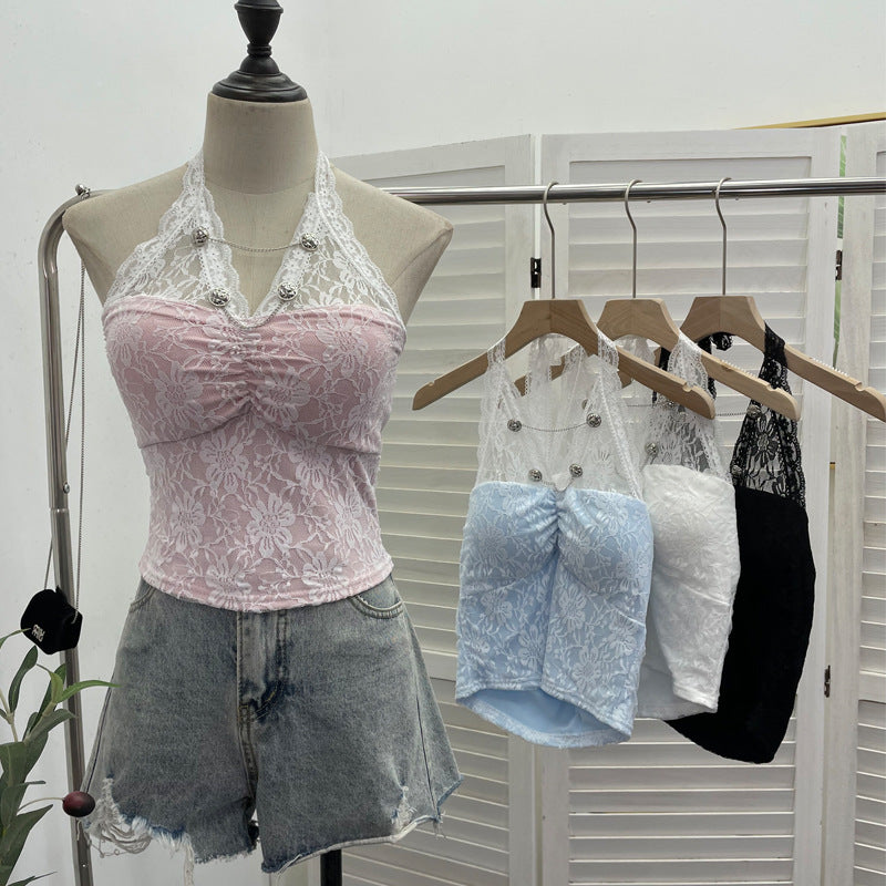 Sexy Lace Halter Backless Crop Top
