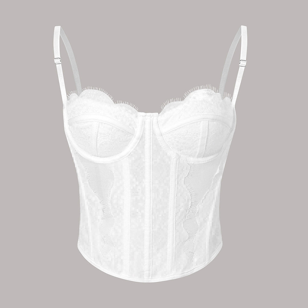 Top de tirantes finos de encaje para mujer, top sin mangas de verano, corsé con espalda descubierta y hueso, corpiño, lencería sexy ajustada, camisola moldeadora