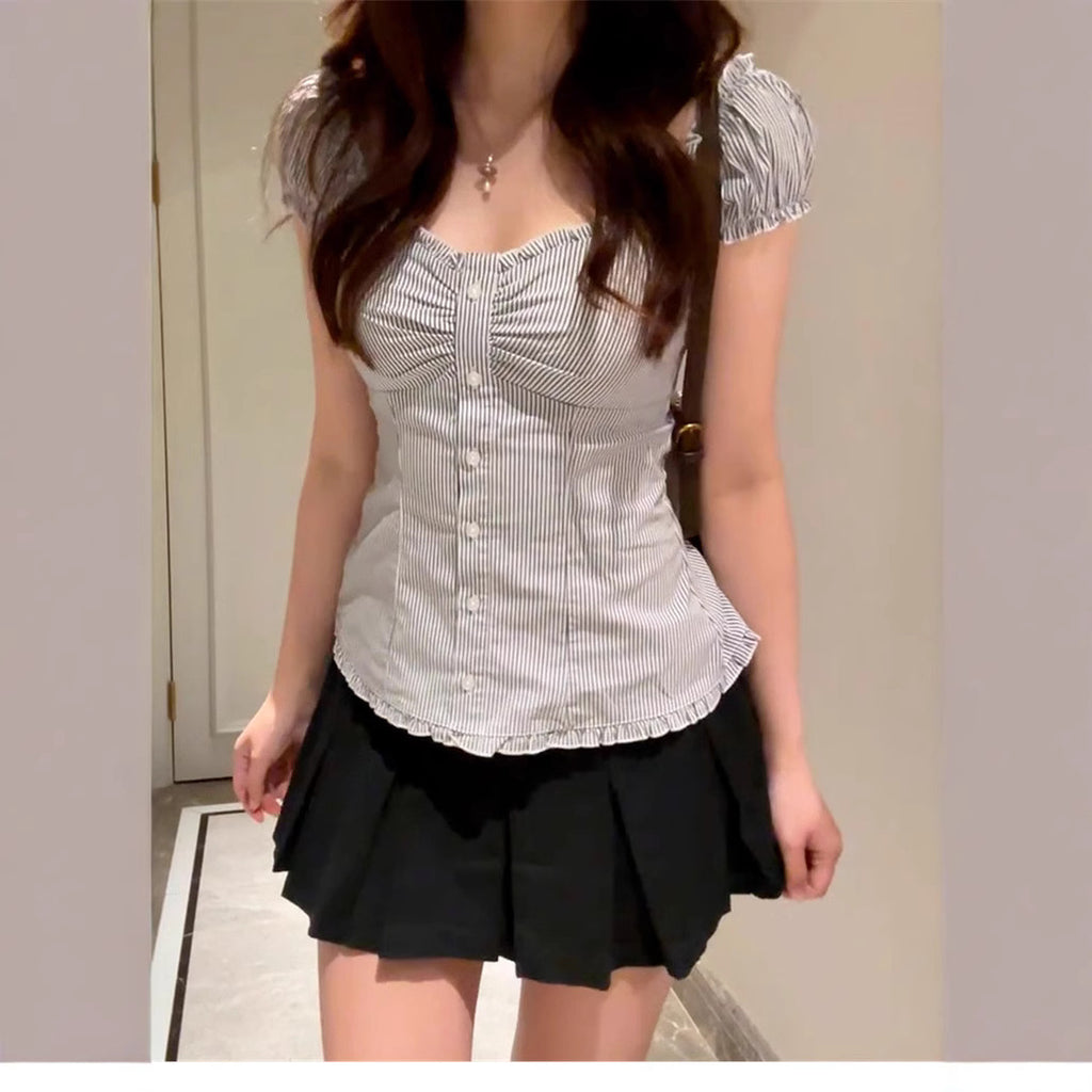 Blue Striped Puff Sleeve Shirt Top For Women