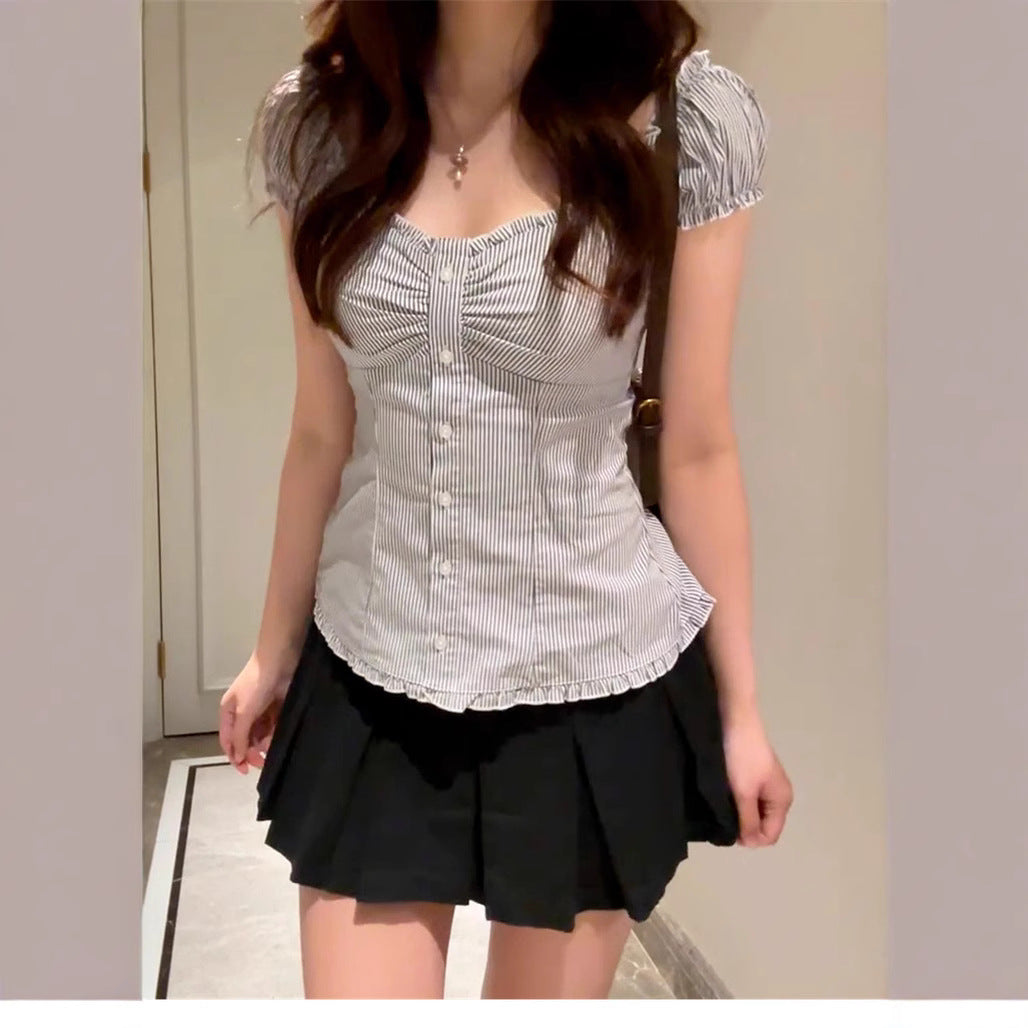 Blue Striped Puff Sleeve Shirt Top For Women