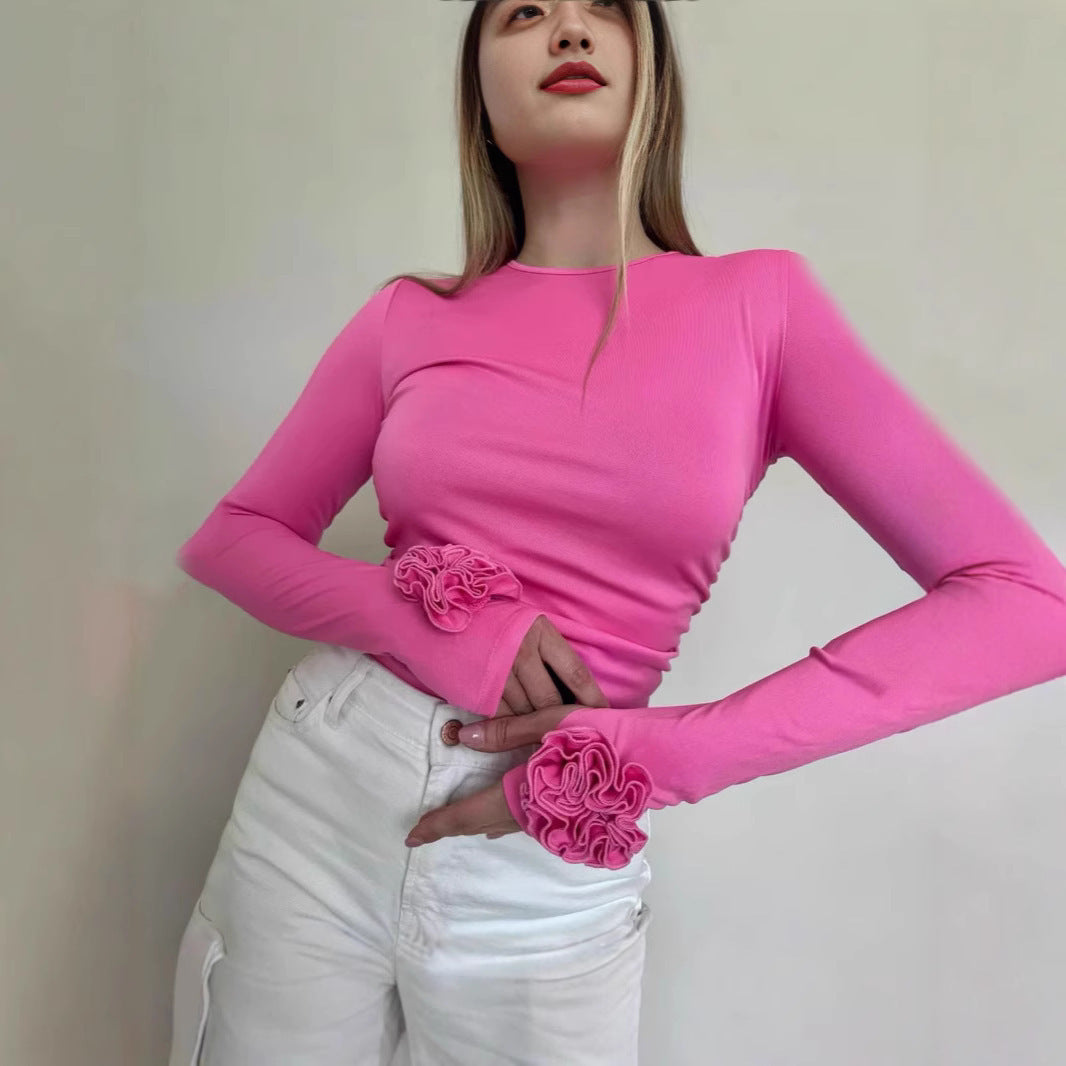 Tops ajustados con cuello redondo y manga larga con estampado floral tridimensional