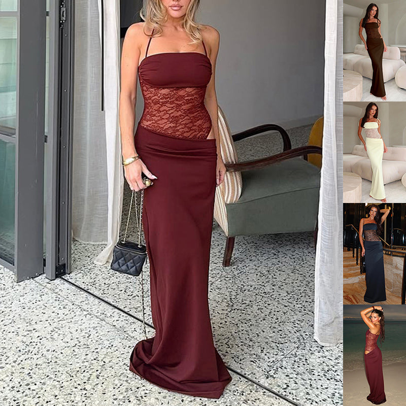 Lace Suspender Long Dress - Club Outfit