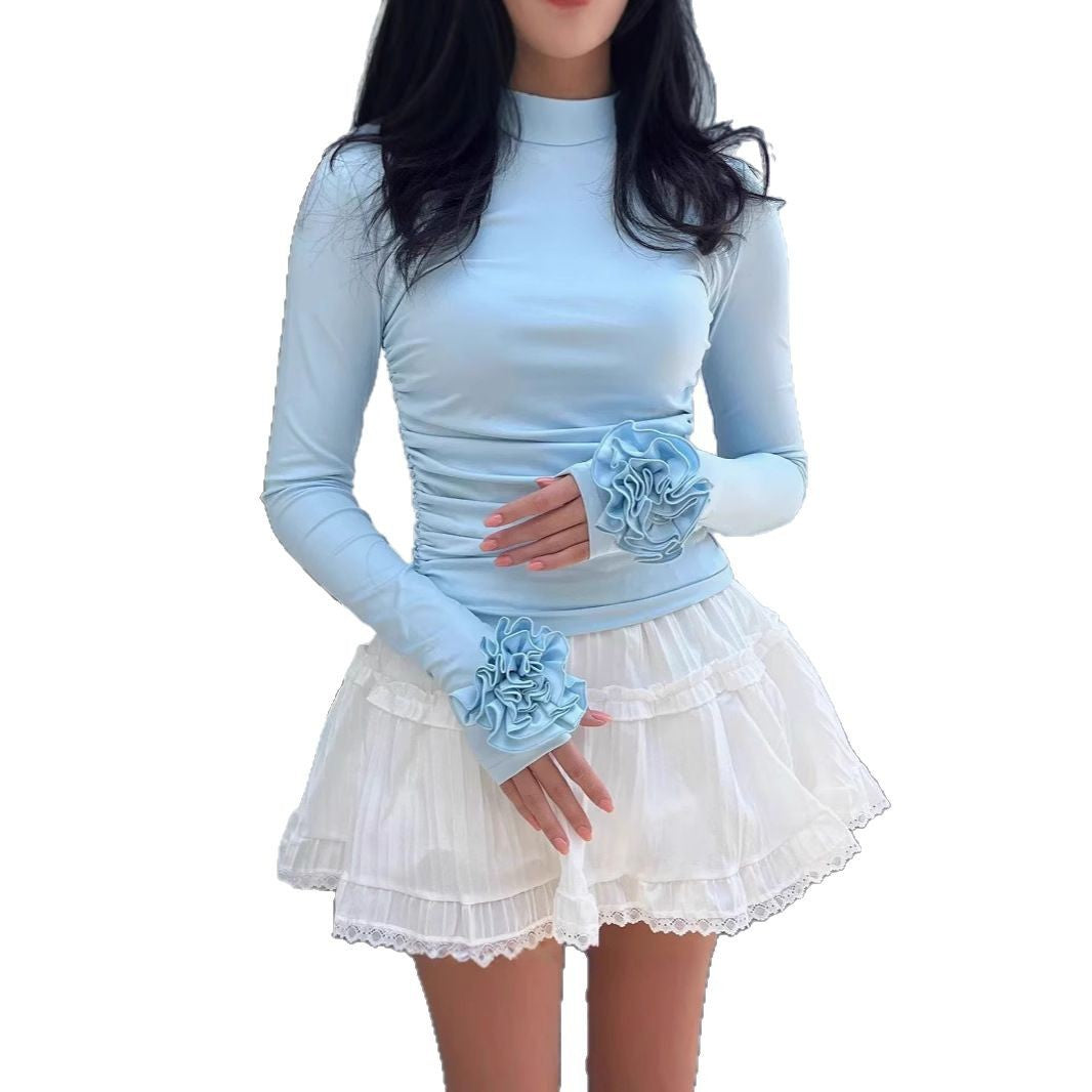 Tops ajustados con cuello redondo y manga larga con estampado floral tridimensional