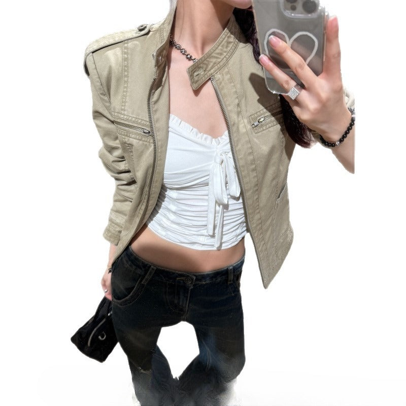 Stand Collar Distressed American Retro Short Denim Jacket