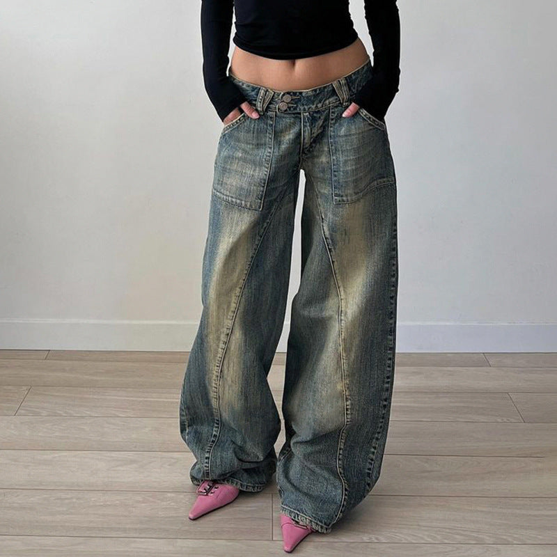 Basic Washed Split Low Waist Loose Jeans