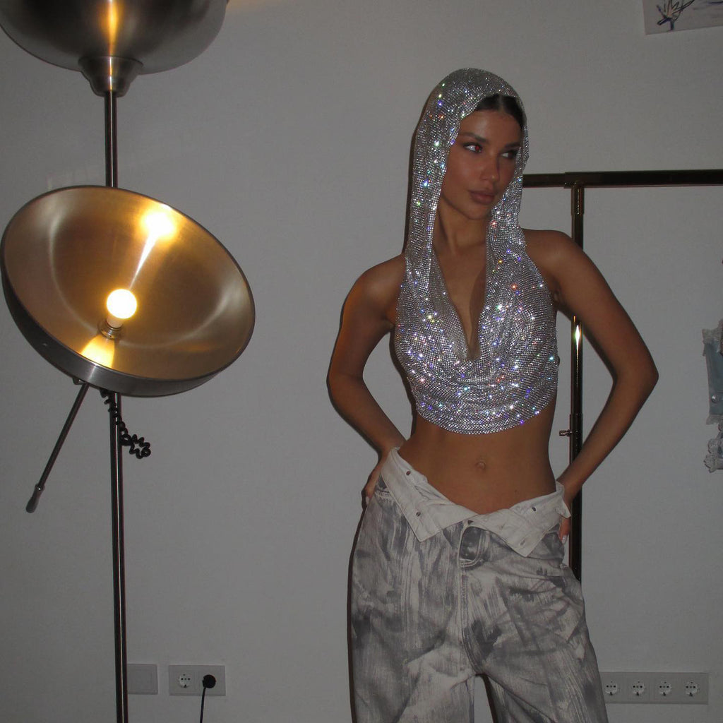 Chaleco sexy con capucha y lentejuelas metálicas para exteriores