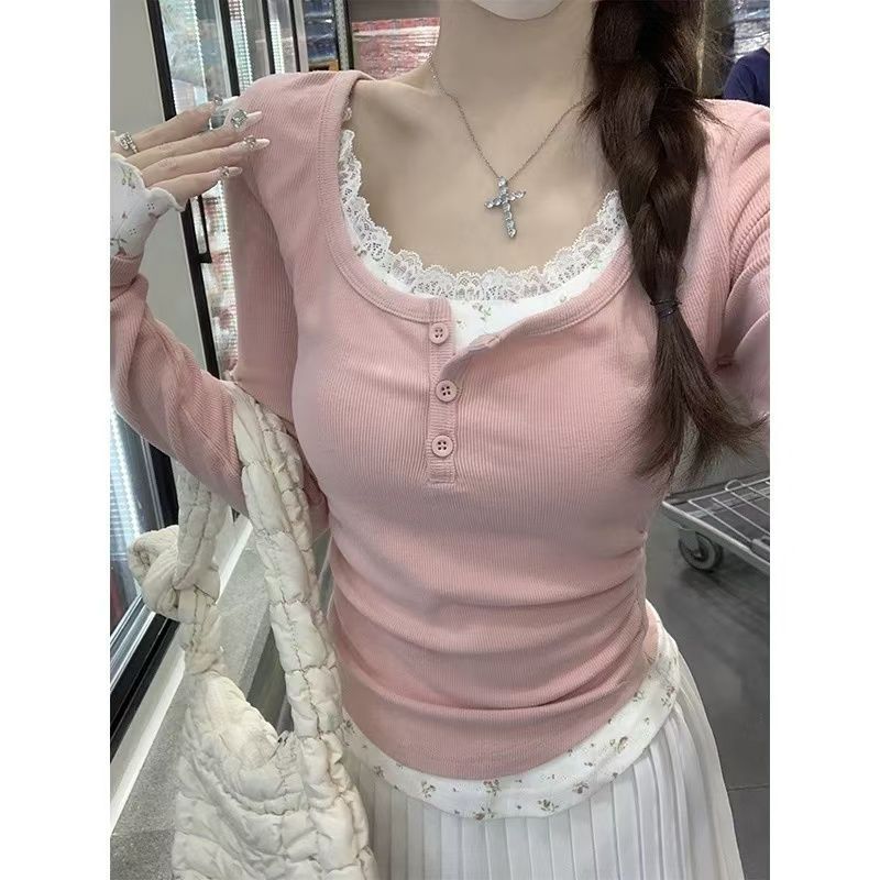 Top de dos piezas con costuras de encaje floral, manga larga, corte entallado y aspecto entallado