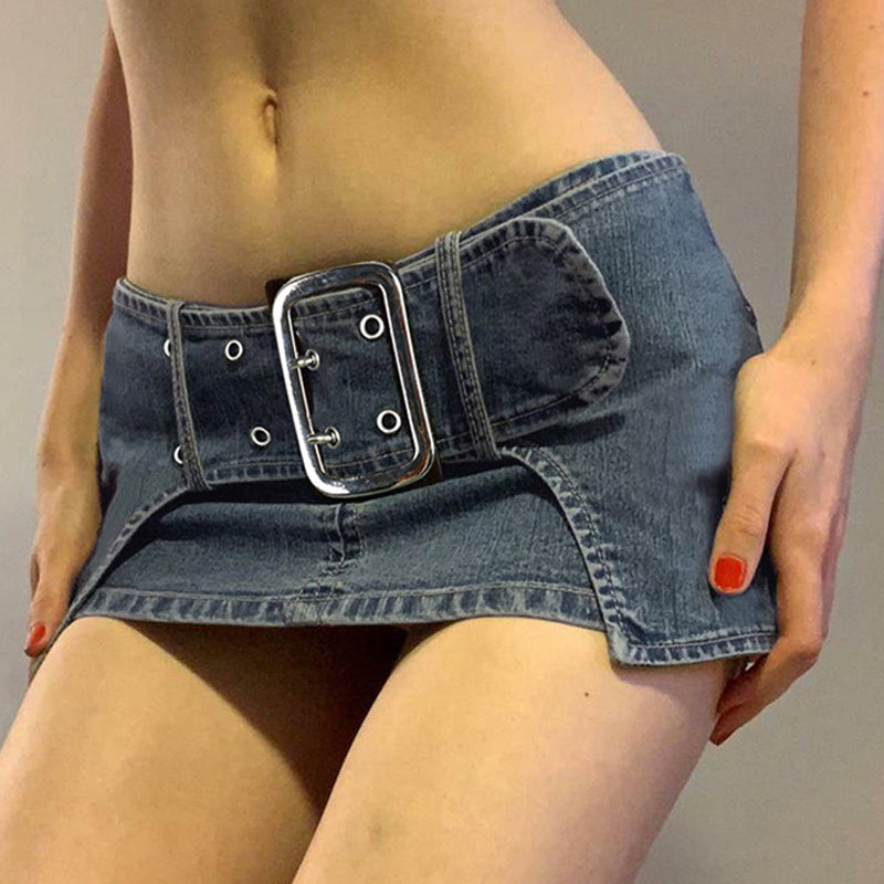 Dark Denim Skirt With Wide Belt Versatile