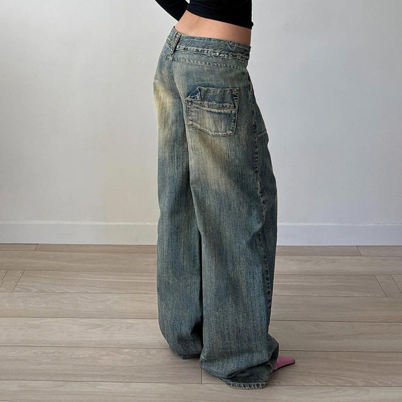 Basic Washed Split Low Waist Loose Jeans