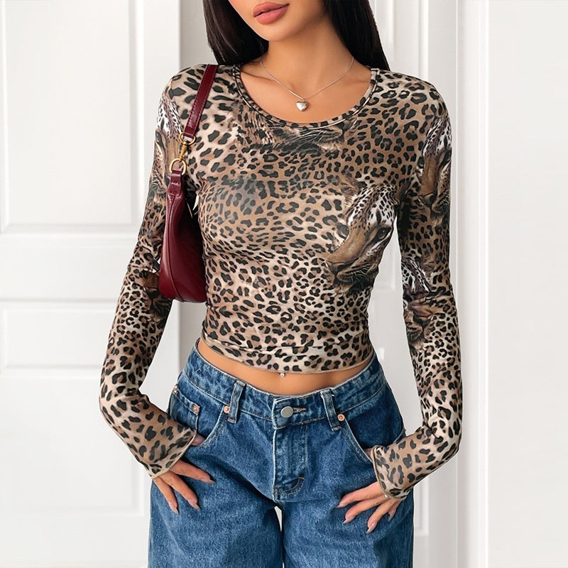 Camiseta de manga larga con estampado de leopardo vintage para mujer