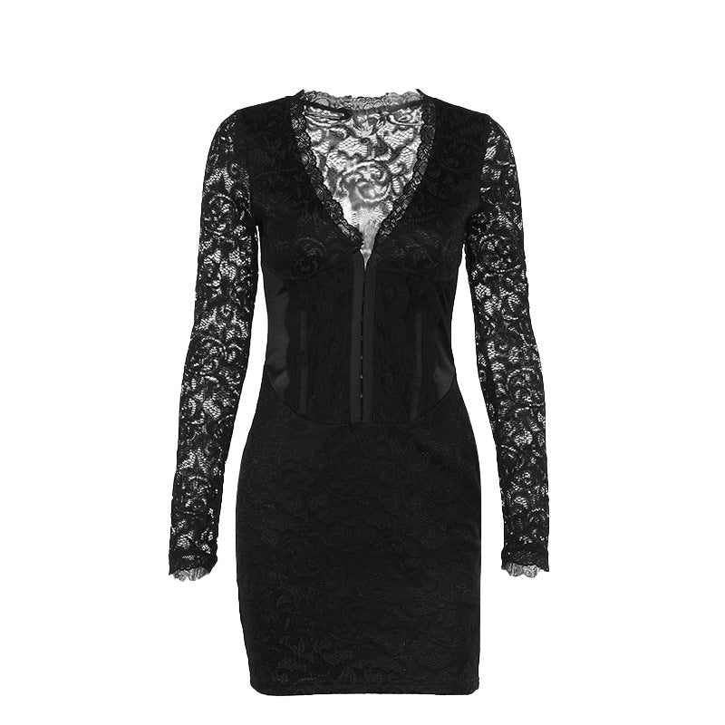 Elegant Lace Long Sleeve Mini Dress - Y2K Style