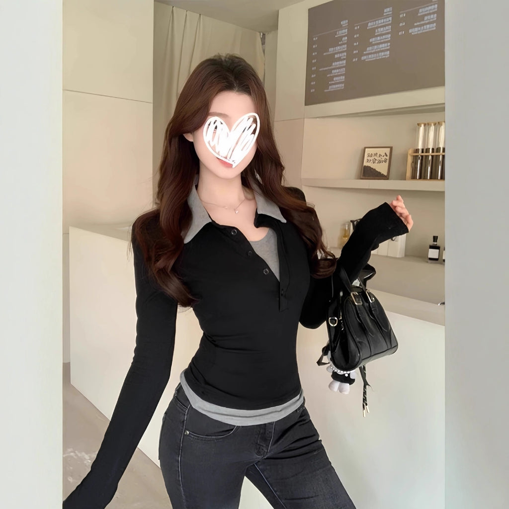 Conjunto de dos piezas ajustado de manga larga para mujer con contraste de colores