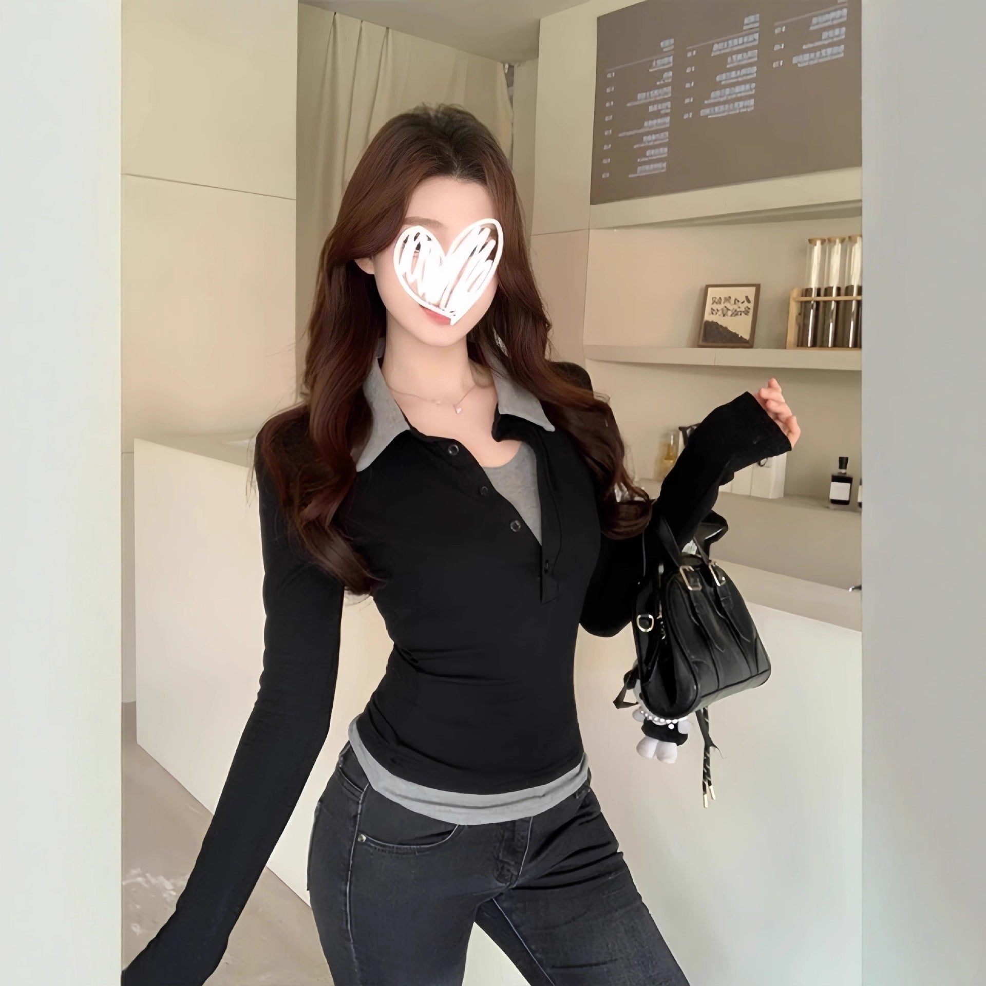 Conjunto de dos piezas ajustado de manga larga para mujer con contraste de colores